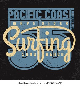 Surfing California t-shirt graphic print design. surfers wear typography emblem, sport Creative design. Vector stamp