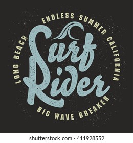 Surfing California t-shirt graphic print design. Summer Surf shirt print stamp sport wear typography emblem.