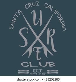 Surfing California t-shirt graphic print design.Print stamp, Tee emblem. Sport Creative design. Vector retro print stamp