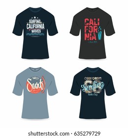 Surfing, California typography for t-shirt print. Four t-shirt mockups with stamps. Able to be changed in size or scale. Vector