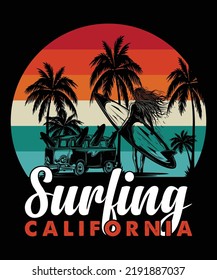 Surfing California typography vector t-shirt design.