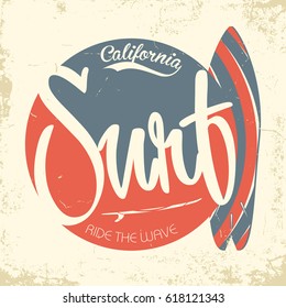 Surfing, California typography, vintage t-shirt graphics. Typography with lettering and surfboard for t-shirt, print, poster, banner, for surfers clothes. Vector