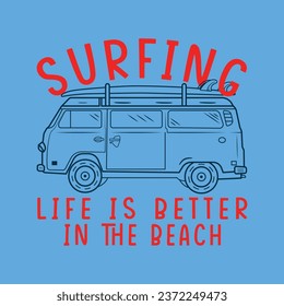 Surfing California van vector illustration for tshirt design