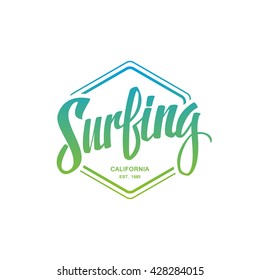 Surfing. Calligraphy. Surfing logo. Handwritten word. Surf typography, t-shirt graphics. Vector illustration.