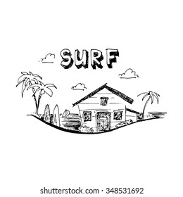 Surfing camp. Surfing school. Summer time. Vector illustration isolated on white background
