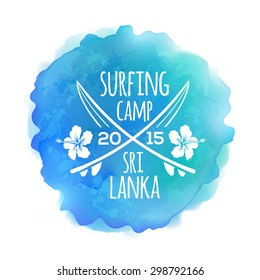 Surfing camp Sri Lanka logo at vector watercolor splash background