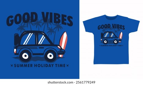 Surfing car hand drawn illustration, vector ready for print on t-shirt and other uses.