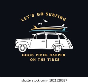 Surfing car illustration. Vector surfing badge. For t-shirt prints, posters, and other uses. 