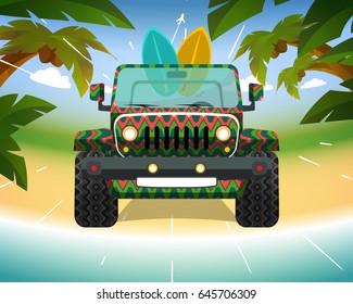 Surfing car on the beach, vector illustration for your design