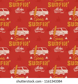 Surfing car pattern. Vintage hand drawn surf wagon with surfboard pattern. Aloha time quote typography. Stock vector wallpaper background Isolated on red background.