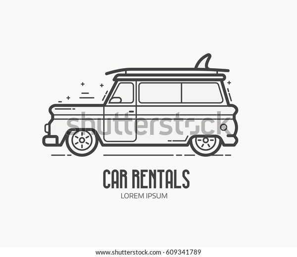 Surfing car rental service logotype. Surf van\
logo in thin line design. Auto travel concept label vector\
illustration isolated on white\
background.