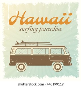 Surfing car retro poster with bus on light blue background and headline Hawaii surfing paradise vector illustration