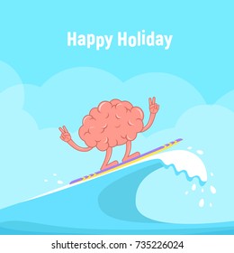 Surfing. Cartoon Brain on surfboard rides on the wave. Concept design of rest, summer holidays and sport lifestyle. Vector illustration in flat style.