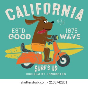 surfing character design for t shirts. drawing a dog on a motorcycle