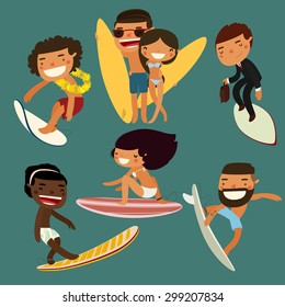 surfing character set. cute surfers. vector illustration