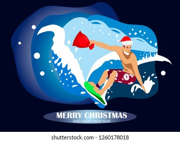 Surfing Christmas. Image surfer Santa Claus with gifts in a red hat  on the blue wave. For printing, landing page, website EPS10 vector illustration