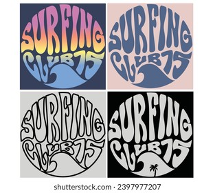 Surfing club 1975. Summer slogan with sun vector artwork. Beach wave t-shirt prints and other uses. Ocean graphic print design. Palm tree with wave design. vintage summer paradise vacation artwork.