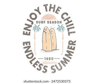 Surfing club artwork. Palm tree vector design. Enjoy the chill. Endless summer vector design.