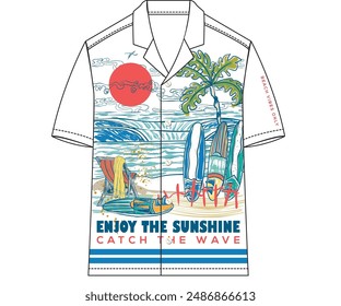 Surfing club artwork. Short sleeved resort shirt design. Tropical shirt drawing mockup template. Beach abstract art for fashion. Tropical island design for fashion.