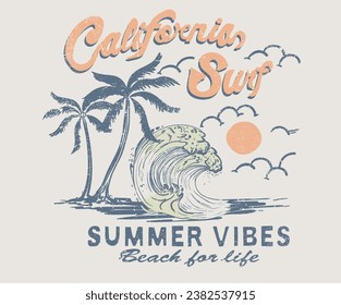 Surfing club. California surf. Big wave. Beach Paradise Print t shirt graphics design, typography slogan on palm trees background. Summer beach vibes. Beach summer time vintage print design artwork.