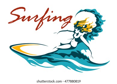 Surfing Club or Camp label with female surfer on long board riding a wave. Vector illustration.