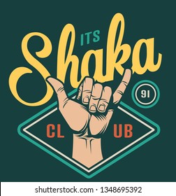 Surfing club colorful emblem with surfer shaka hand gesture in vintage style isolated vector illustration