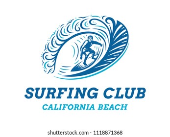 Surfing club emblem - surfer is riding inside the wave - logo design, illustration template.