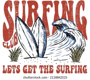 Surfing club graphic print design for t shirt, sticker, poster and others. Surf board with wave vector artwork design.