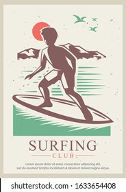 Surfing club grunge typography poster design template, vector illustration in retro style. Surf school, beach water activity concept for banner, flyer.
