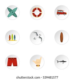 Surfing club icons set. Flat illustration of 9 surfing club vector icons for web
