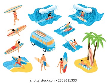 Club de surf conjunto isométrico de personas amantes de las actividades al aire libre en la ilustración vectorial aislada del agua