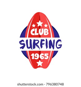 Surfing club logo estd 1965, retro badge for surf school, beach rest, summer water sports vector Illustration