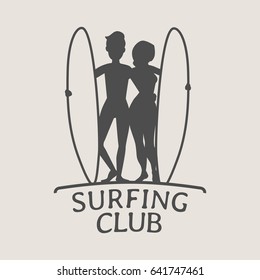 Surfing club logo, icon or symbol. Silhouette of man and woman surfers stay with surfboards