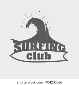 Surfing club logo, label or sign with wave and surfboard