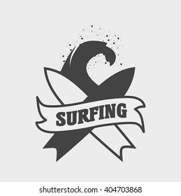 Surfing club logo, label or sign design concept with wave and surfboard