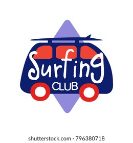 Surfing club logo, retro badge for surf school, beach rest, summer water sports vector Illustration