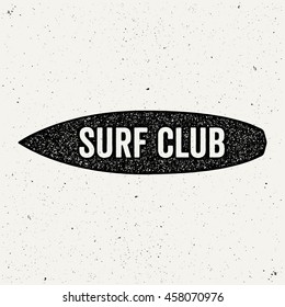 Surfing club logo. Surfboard. Surf sign. Ink stamp style.
