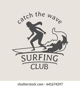 Surfing club logo or symbol design with female surfer on surfboard
