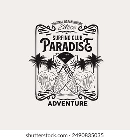 Surfing Club Paradise Abenteuer Typografie Sommer Strand Retro Poster