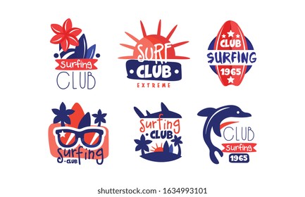 Surfing Club Retro Logo Design Collection, Extreme Sport Bright Badges, Emblems Vector Illustration