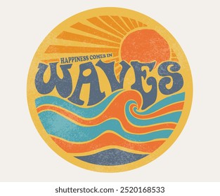 Design vetorial de clube de surf. Arte do paraíso de Sunshine. Arte em onda abstrata. A felicidade vem em ondas. Verão boas vibes vetorial design gráfico para vestuário, adesivos, cartazes, fundo e outros.