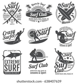 Surfing club vector vintage emblems. Surf board on wave signs