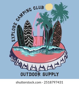 Surfing club vintage artwork. Beach good time retro t-shirt print design. Beach vibes t-shirt artwork. Palm tree, Enjoy summer time vector design. Miami long