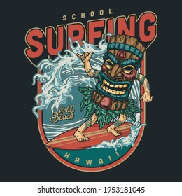 Surfing club vintage colorful design with man in hawaiian tiki mask showing shaka gesture and riding wave isolated vector illustration