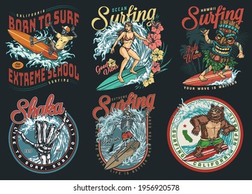 Surfing club vintage colorful labels with pretty woman skeletons funny bear and man in big wooden tiki mask surfers riding waves isolated vector illustration