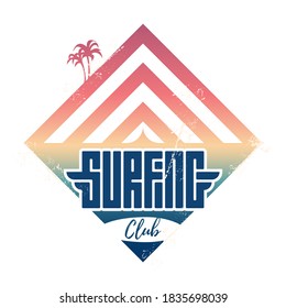 Surfing Club - vintage label. California west coast surfers. Pacific Ocean team. Illustration for surf board design with gradient or print for t-shirts .