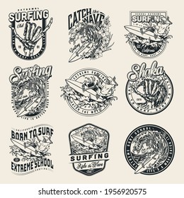 Surfing club vintage monochrome logos with letterings skeleton surfers in baseball caps and shorts riding waves and skeleton hand showing shaka sign isolated vector illustration