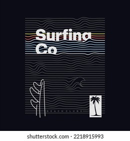 surfing co graphic tee vector design with surfboard and wave silhouette. Global swatches.