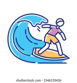 Surfing color icon. Watersport, extreme kind of sport. Catching ocean wave, surfer balancing on board. Man in swimwear on beach. Summer activity and hobby. Isolated vector illustration