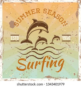 Surfing colored vintage emblem, badge, label or logo with dolphins vector illustration on bright background